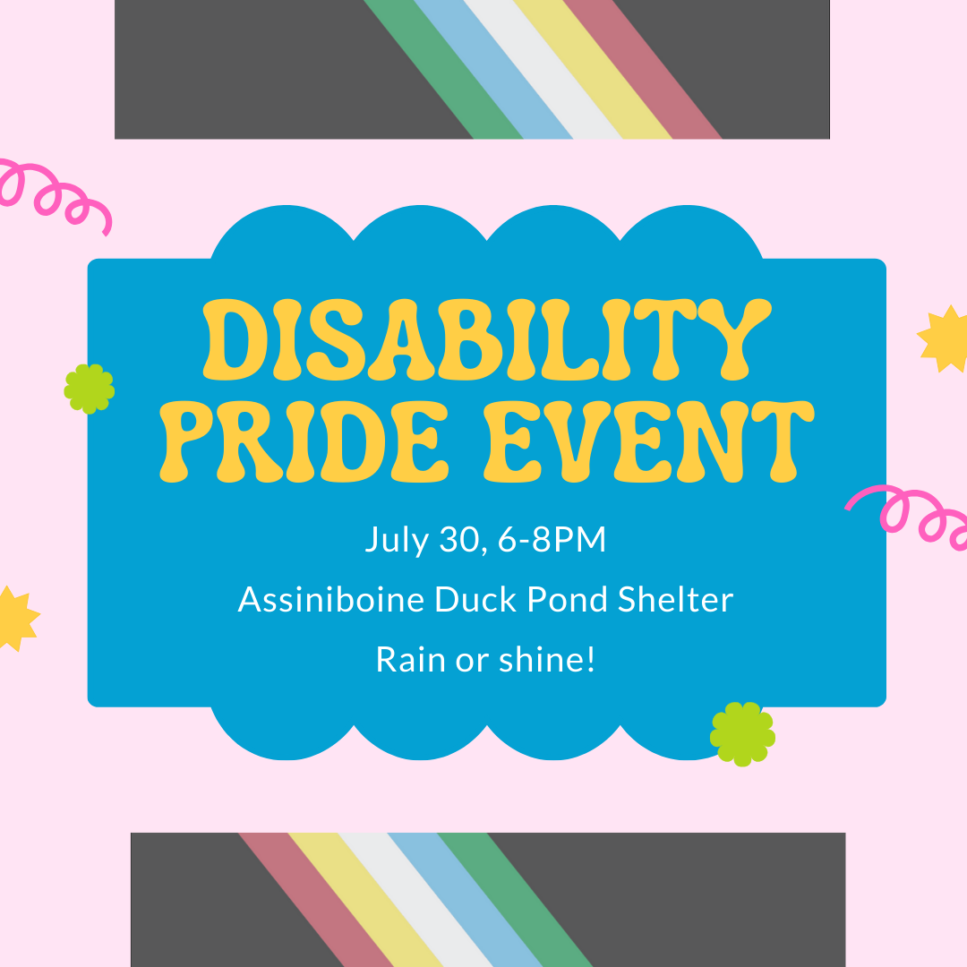 The poster reads Disability Pride Event written on top of a cartoon cloud. Behind the cloud is the disability flag.