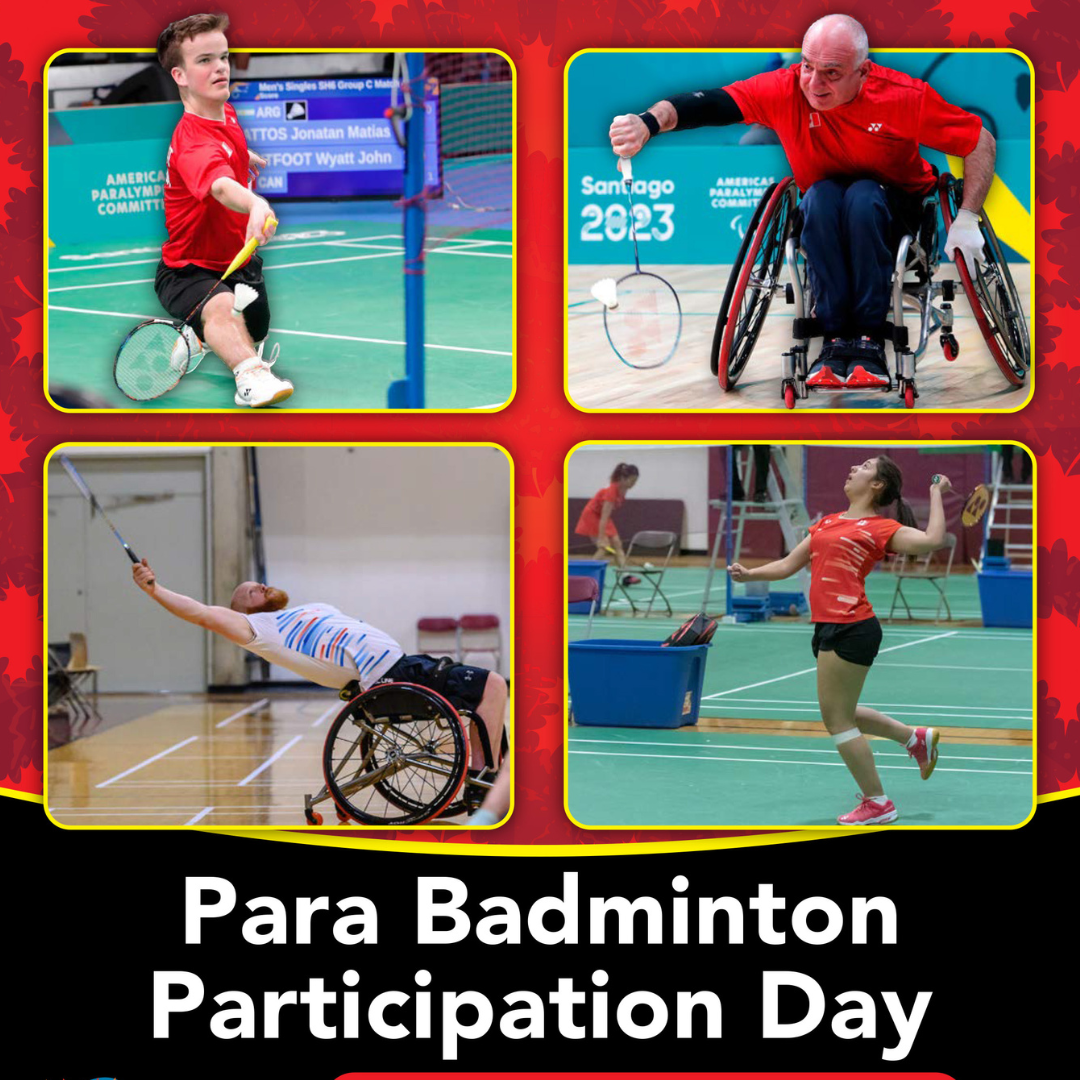 There are four photos of athletes with a disability playing badminton in this poster. Framed in a grid, they are a youth, little person using their underhand swing to catch a birdie, an older gentlemen in a wheelchair reaching forward with their wrist shot, a wheelchair player leaning all the way back, almost parallel with the ground to catch the birdie and a picture of Manitoba's first Paralympic badminton player Olivia Meier at her first games!