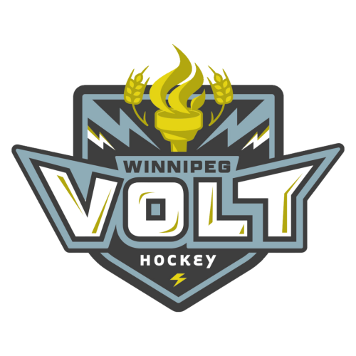 The Winnipeg Volt Hockey emblem, has a golden flame cup and lightening bolts!