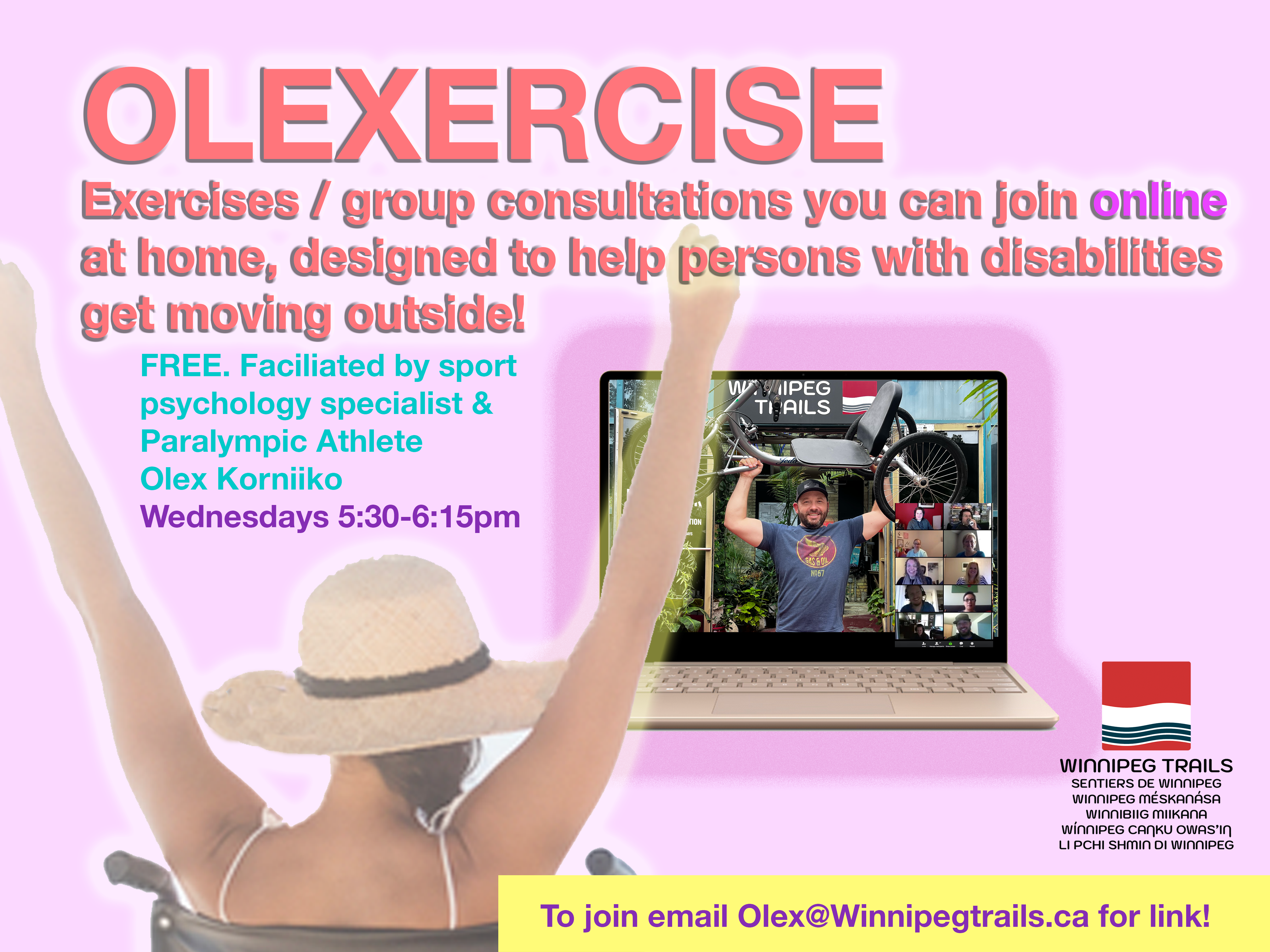 wheelchair user with arms raised in front of a floating laptop showing online exercise with event details as per above. Wednesdays at 5:30