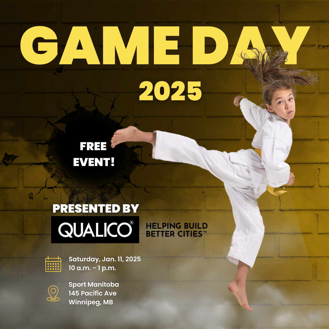 A young taekwondo kid is throwing a high, side kick right into the word 'free event'. The poster reads Game Day 2025, Saturday January 11th from 10am to 1pm