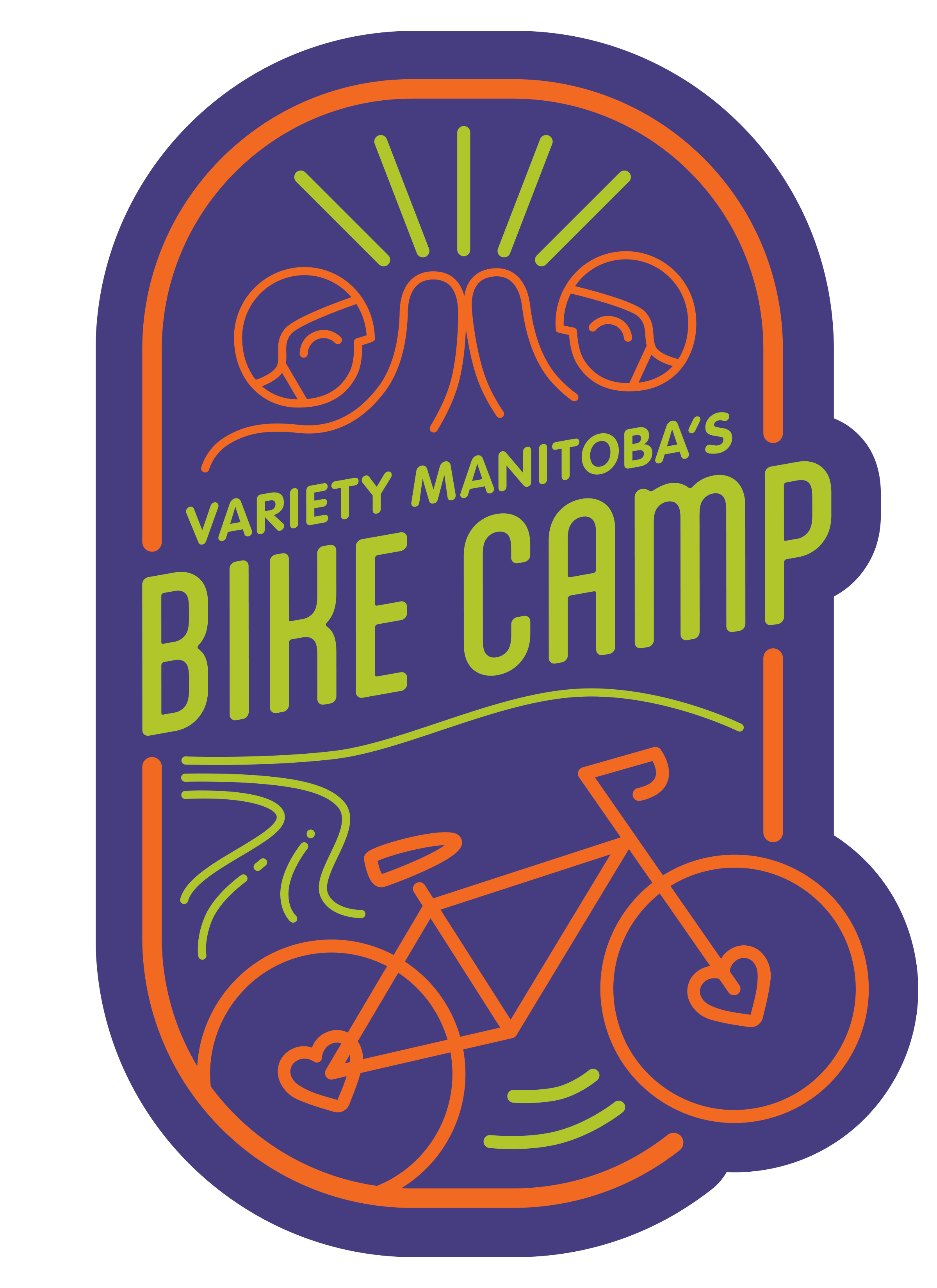 A purple logo that reads Variety Manitoba's BIKE CAMP with an image of a two wheeled bicycle in a frame